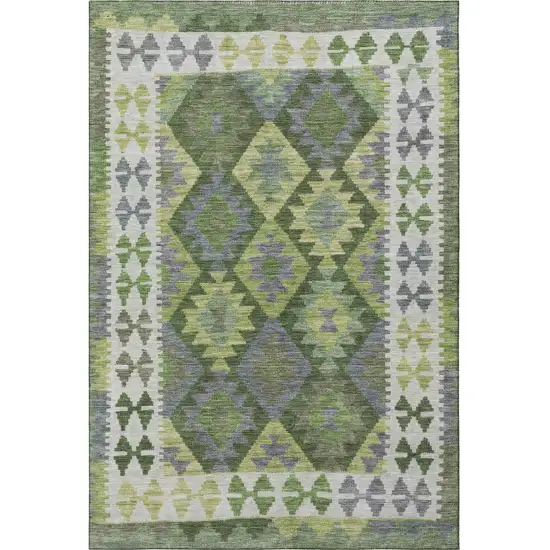 Olive Green And Ivory Tribal Washable Area Rug With UV Protection Photo 4
