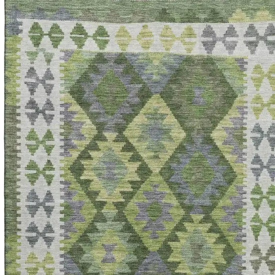 Olive Green And Ivory Tribal Washable Area Rug With UV Protection Photo 3