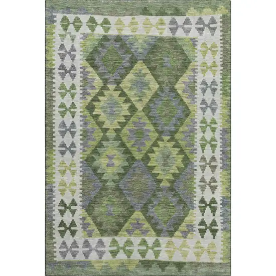 Olive Green And Ivory Tribal Washable Area Rug With UV Protection Photo 1