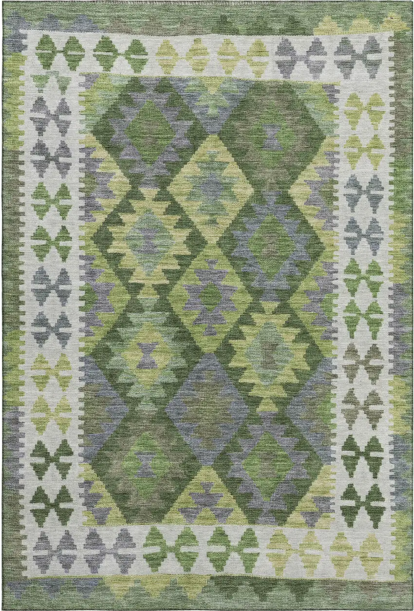Olive Green And Ivory Tribal Washable Area Rug With UV Protection Photo 1