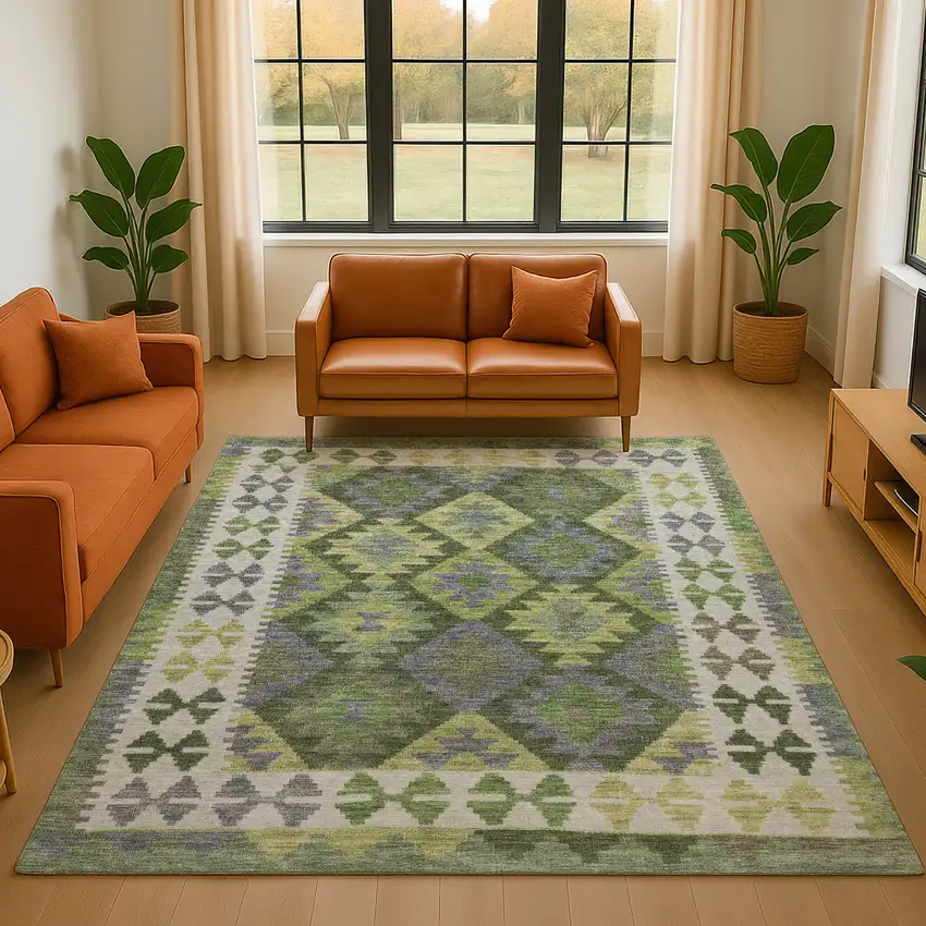 Olive Green And Ivory Tribal Washable Area Rug With UV Protection Photo 5