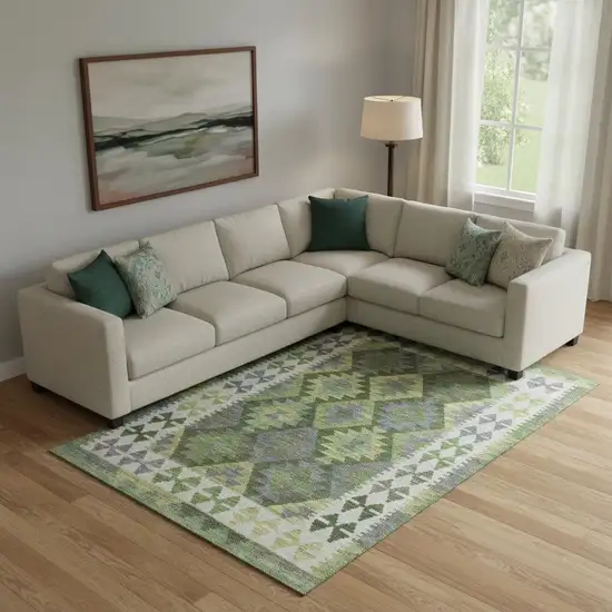 Olive Green And Ivory Tribal Washable Area Rug With UV Protection Photo 2