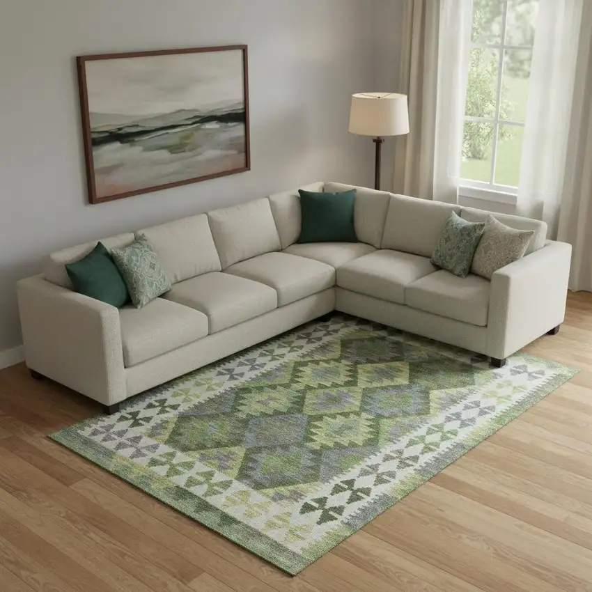 Olive Green And Ivory Tribal Washable Area Rug With UV Protection Photo 2