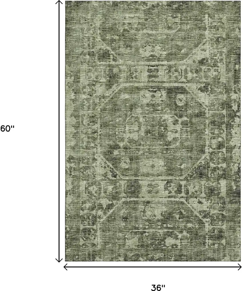 Olive Green And Ivory Tribal Washable Indoor Outdoor Area Rug Photo 3