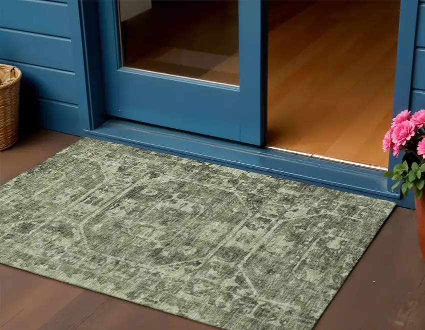 Olive Green And Ivory Tribal Washable Indoor Outdoor Area Rug Photo 1