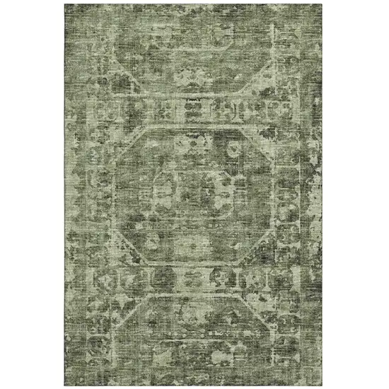 Olive Green And Ivory Tribal Washable Indoor Outdoor Area Rug Photo 2