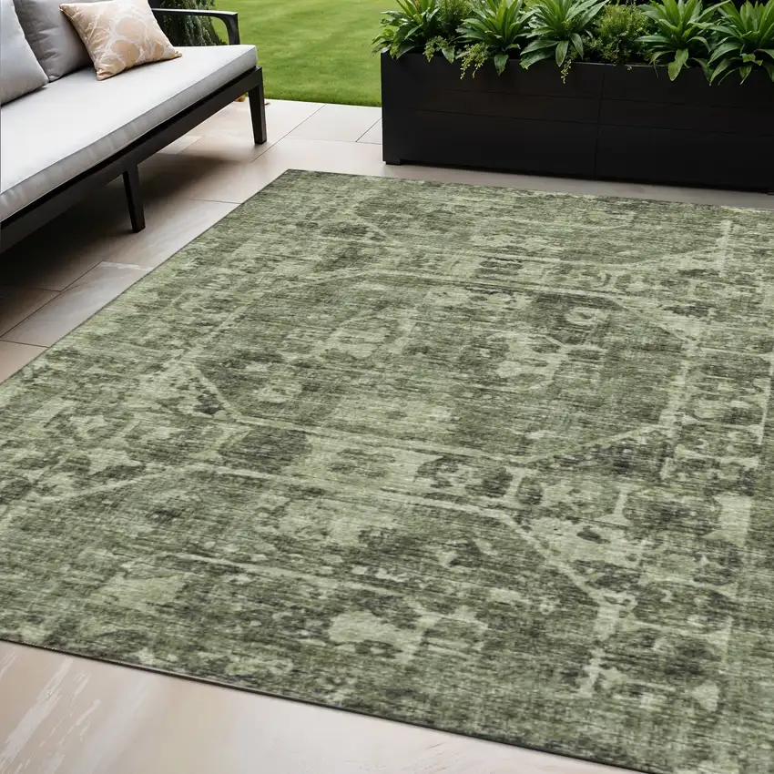 Olive Green And Ivory Tribal Washable Indoor Outdoor Area Rug Photo 1