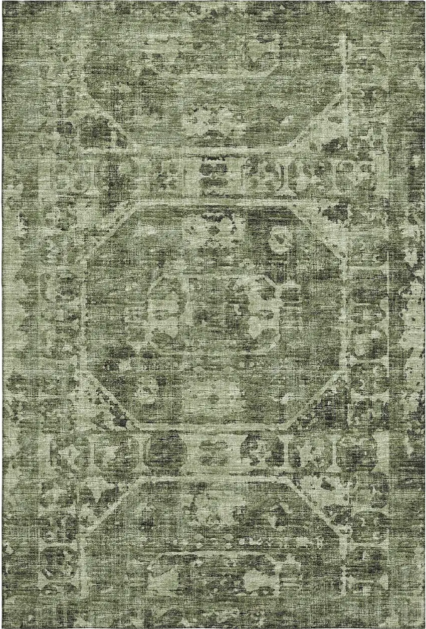 Olive Green And Ivory Tribal Washable Indoor Outdoor Area Rug Photo 6
