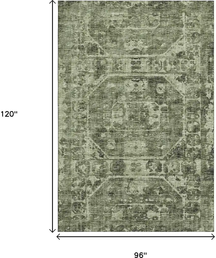 Olive Green And Ivory Tribal Washable Indoor Outdoor Area Rug Photo 3