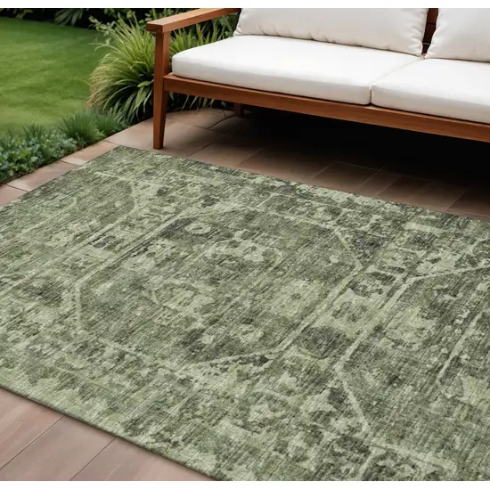 Olive Green And Ivory Tribal Washable Indoor Outdoor Area Rug Photo 1