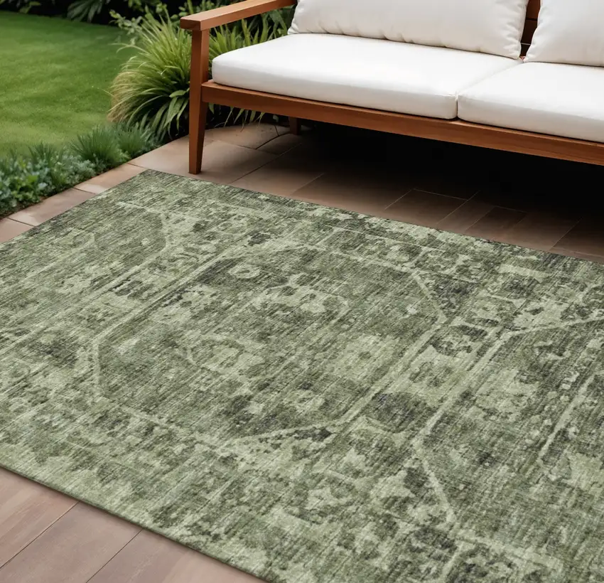Olive Green And Ivory Tribal Washable Indoor Outdoor Area Rug Photo 1