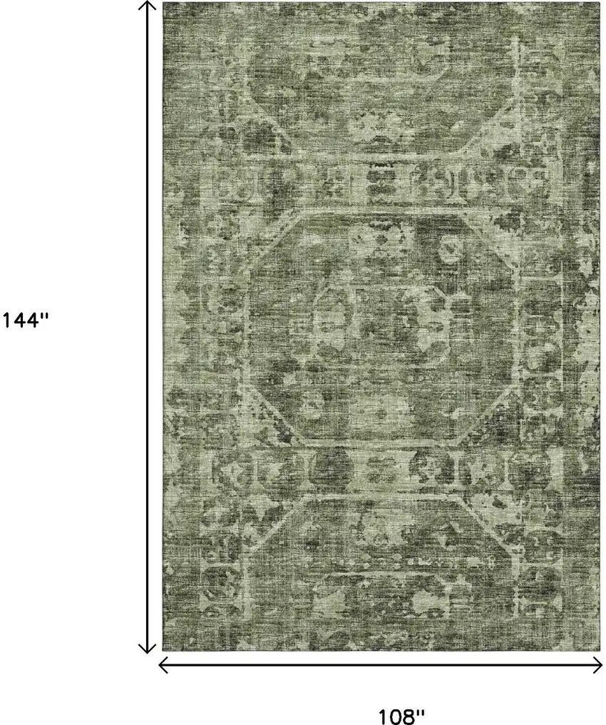 Olive Green And Ivory Tribal Washable Indoor Outdoor Area Rug Photo 3