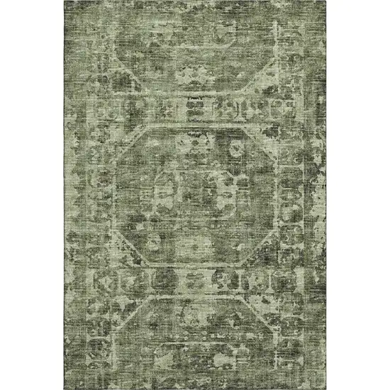 Olive Green And Ivory Tribal Washable Indoor Outdoor Area Rug Photo 6