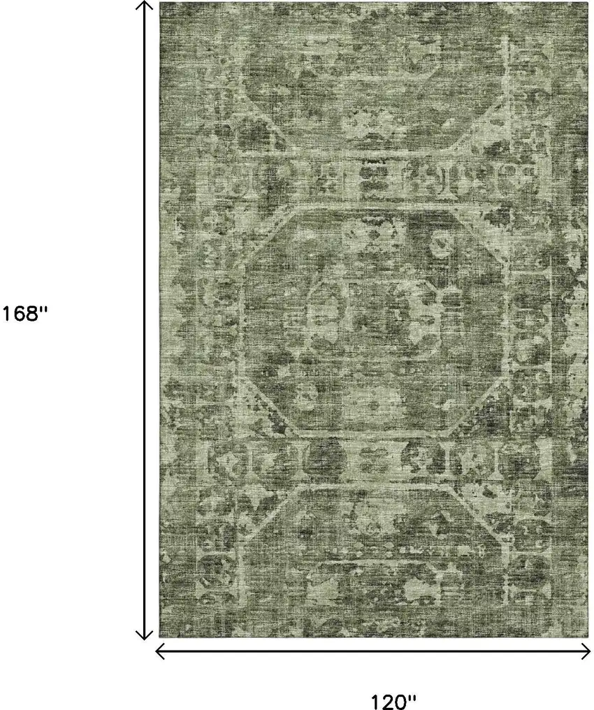 Olive Green And Ivory Tribal Washable Indoor Outdoor Area Rug Photo 3