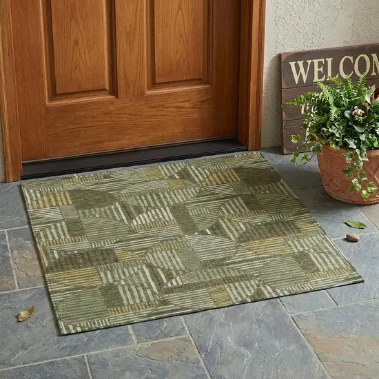 Olive Green And Khaki Geometric Washable Indoor Outdoor Area Rug Photo 1