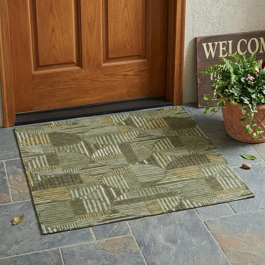 Olive Green And Khaki Geometric Washable Indoor Outdoor Area Rug Photo 1