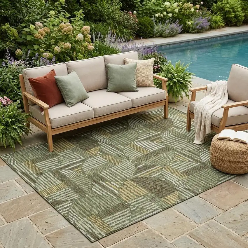 Olive Green And Khaki Geometric Washable Indoor Outdoor Area Rug Photo 1