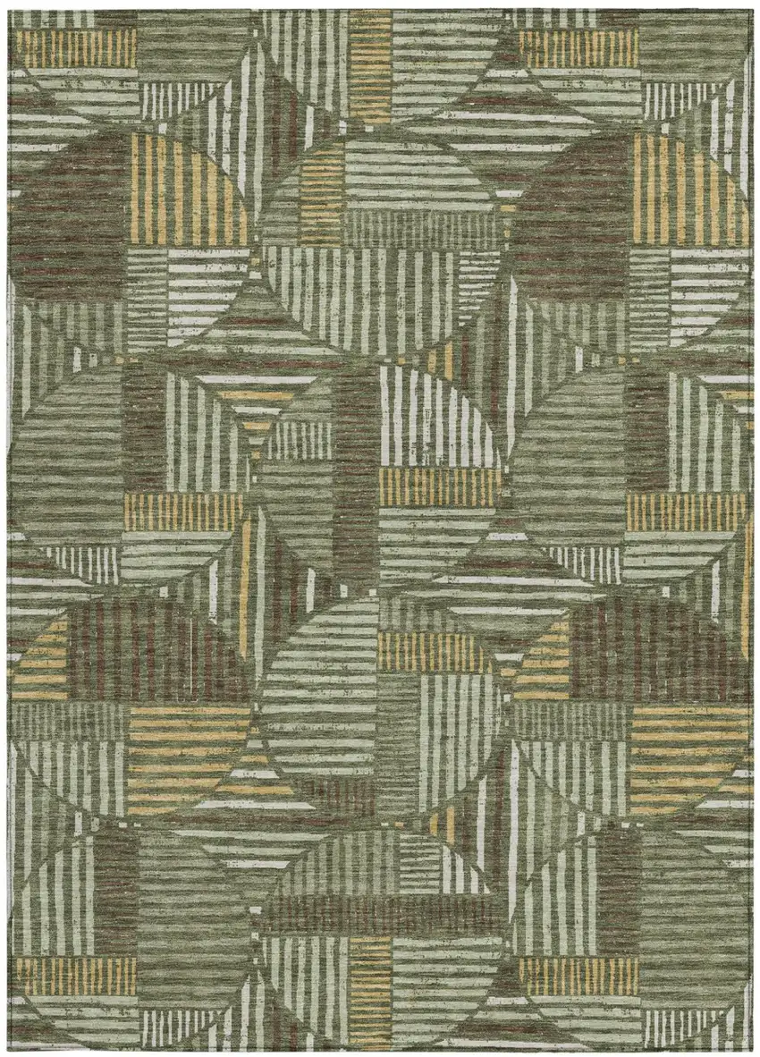 Olive Green And Khaki Geometric Washable Indoor Outdoor Area Rug Photo 4