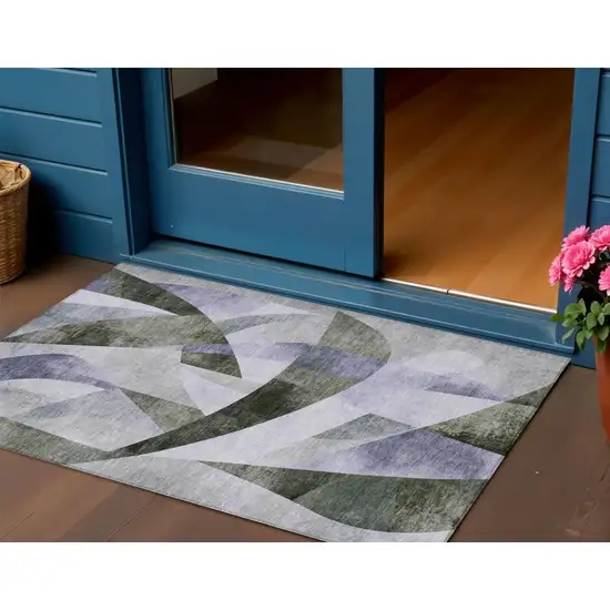 Olive Green And Lavender Abstract Washable Indoor Outdoor Area Rug Photo 2