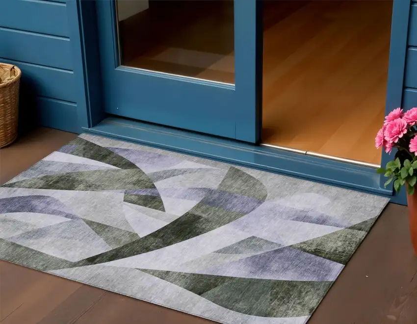 Olive Green And Lavender Abstract Washable Indoor Outdoor Area Rug Photo 2
