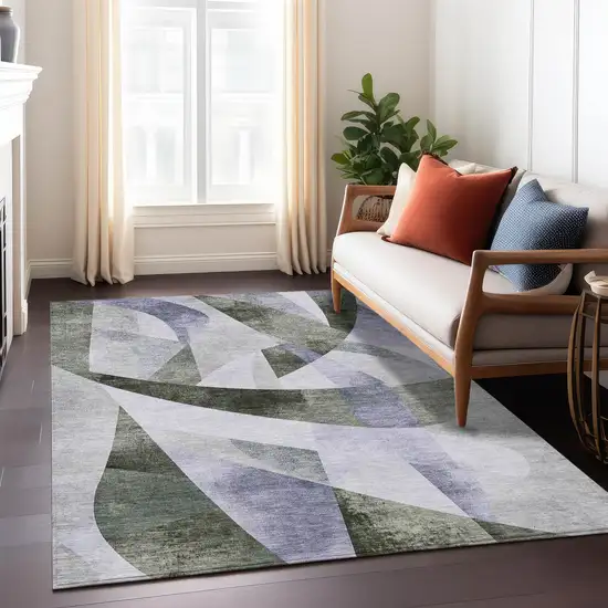 Olive Green And Lavender Abstract Washable Indoor Outdoor Area Rug Photo 7