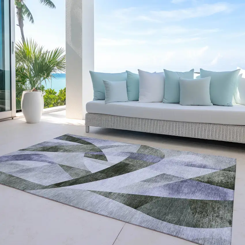 Olive Green And Lavender Abstract Washable Indoor Outdoor Area Rug Photo 5