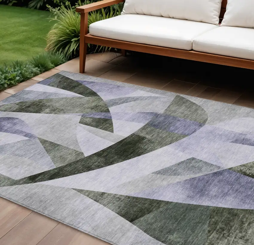 Olive Green And Lavender Abstract Washable Indoor Outdoor Area Rug Photo 2
