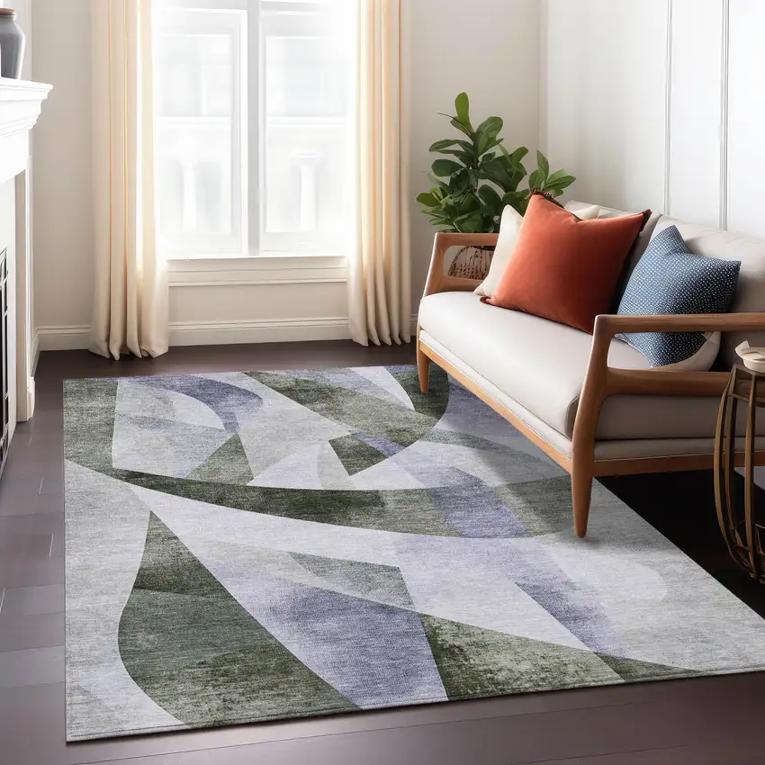 Olive Green And Lavender Abstract Washable Indoor Outdoor Area Rug Photo 7