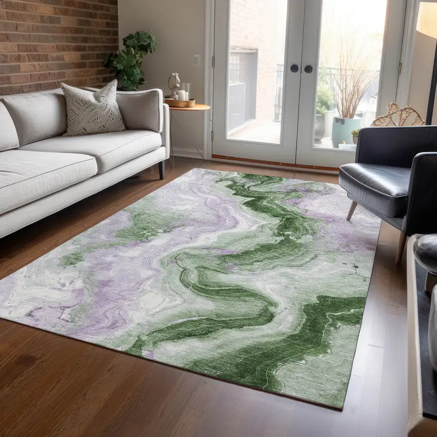 Olive Green And Lavender Abstract Washable Indoor Outdoor Area Rug Photo 5