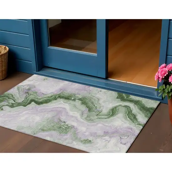 Olive Green And Lavender Abstract Washable Indoor Outdoor Area Rug Photo 2