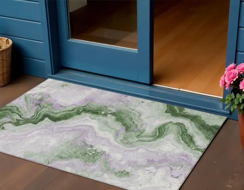 Olive Green And Lavender Abstract Washable Indoor Outdoor Area Rug Photo 2