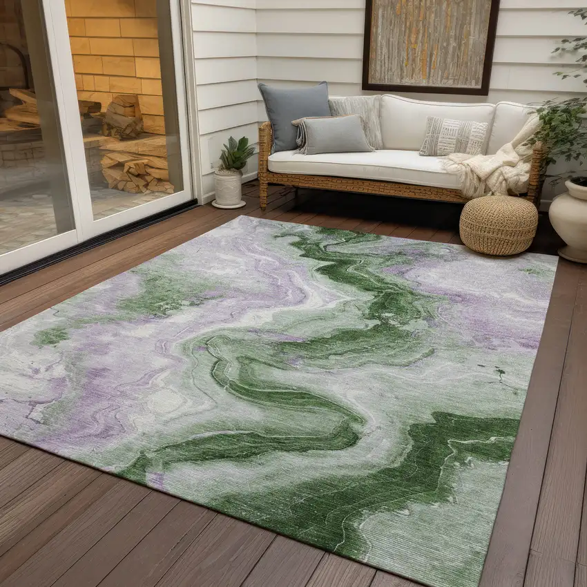 Olive Green And Lavender Abstract Washable Indoor Outdoor Area Rug Photo 4