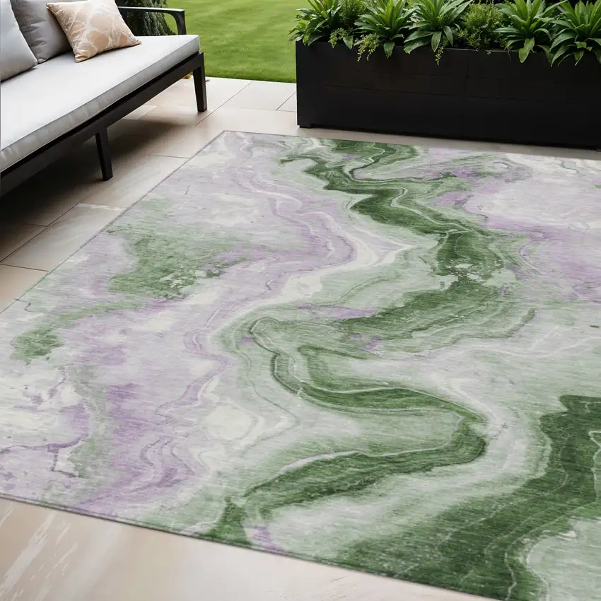Olive Green And Lavender Abstract Washable Indoor Outdoor Area Rug Photo 2