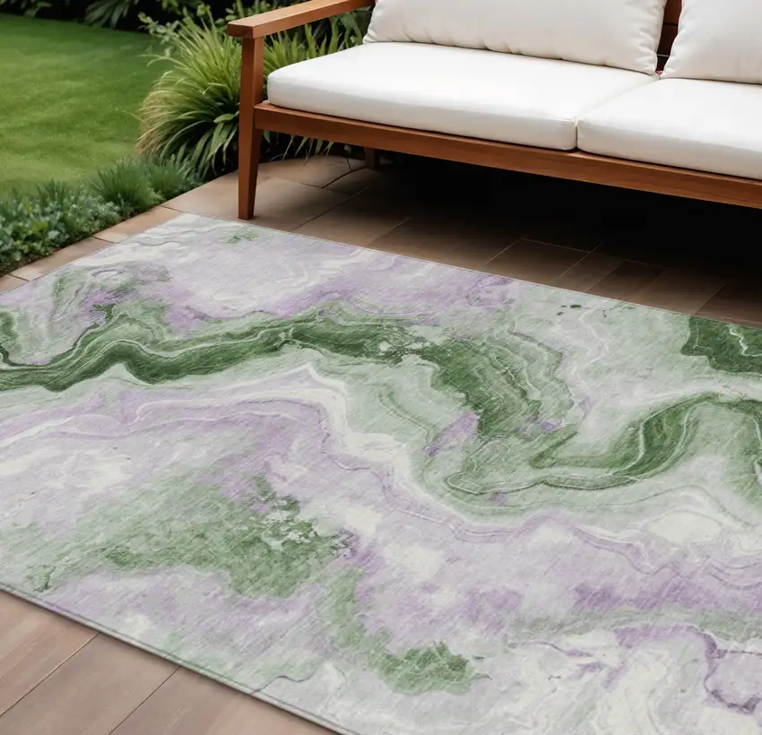 Olive Green And Lavender Abstract Washable Indoor Outdoor Area Rug Photo 2