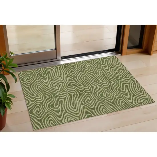 Olive Green And Light Green Abstract Washable Indoor Outdoor Area Rug Photo 1