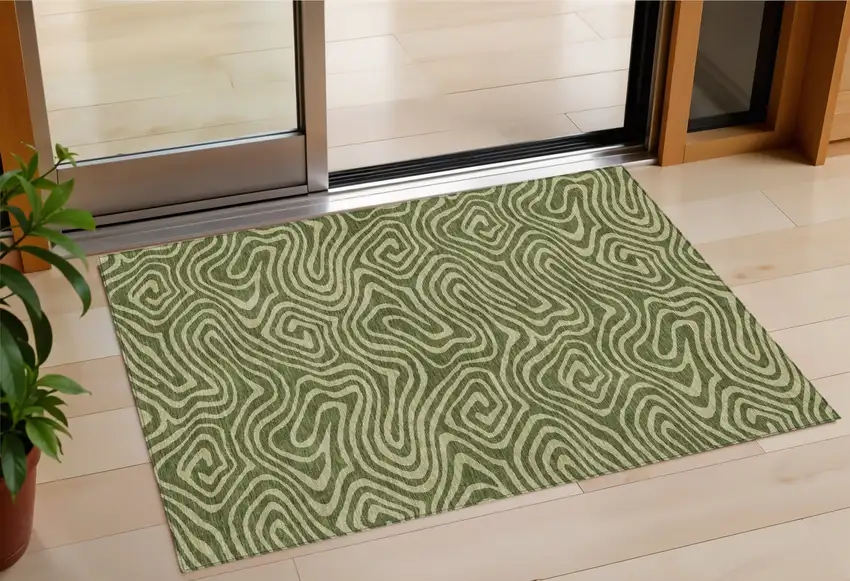 Olive Green And Light Green Abstract Washable Indoor Outdoor Area Rug Photo 1