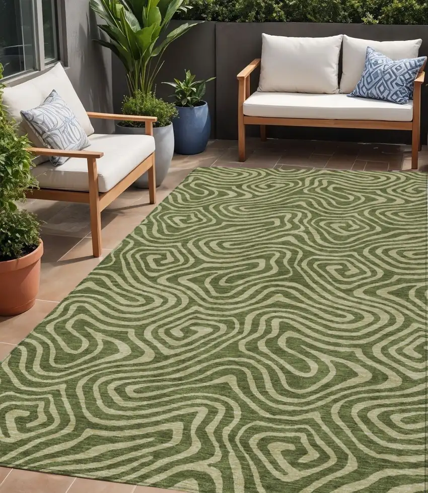 Olive Green And Light Green Abstract Washable Indoor Outdoor Area Rug Photo 1