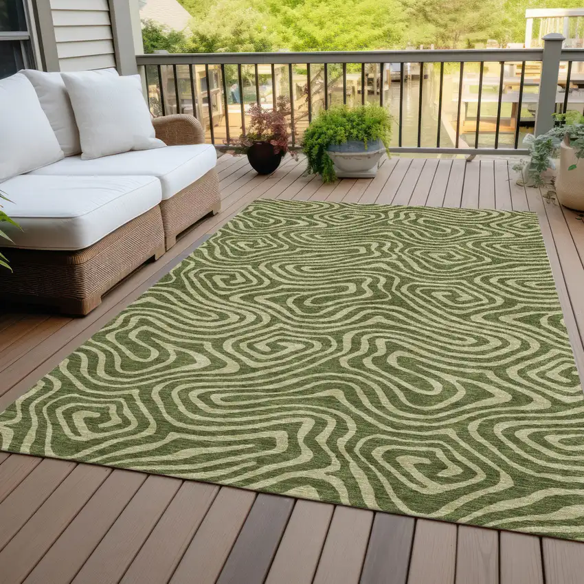 Olive Green And Light Green Abstract Washable Indoor Outdoor Area Rug Photo 7