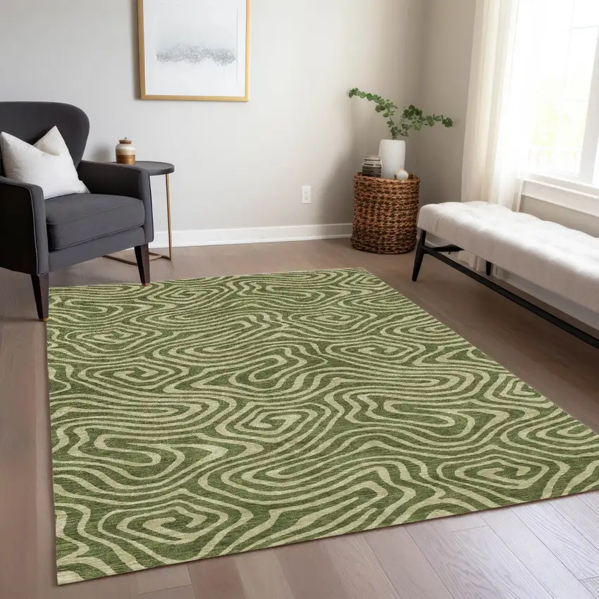 Olive Green And Light Green Abstract Washable Indoor Outdoor Area Rug Photo 8