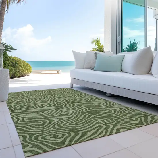 Olive Green And Light Green Abstract Washable Indoor Outdoor Area Rug Photo 9