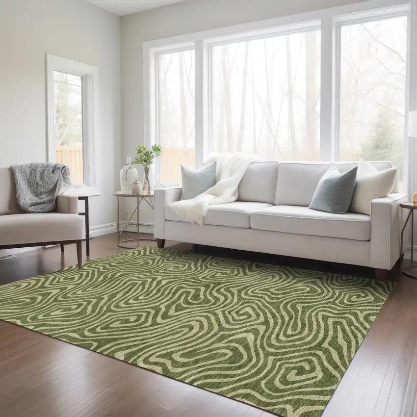 Olive Green And Light Green Abstract Washable Indoor Outdoor Area Rug Photo 9