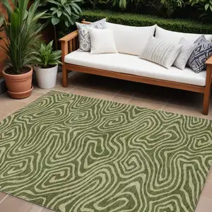 Photo of Olive Green And Light Green Abstract Washable Indoor Outdoor Area Rug