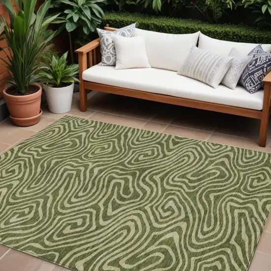 Olive Green And Light Green Abstract Washable Indoor Outdoor Area Rug Photo 1