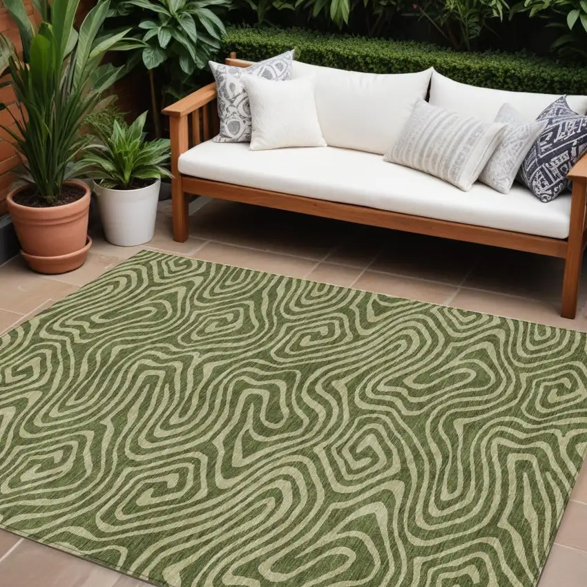 Olive Green And Light Green Abstract Washable Indoor Outdoor Area Rug Photo 1
