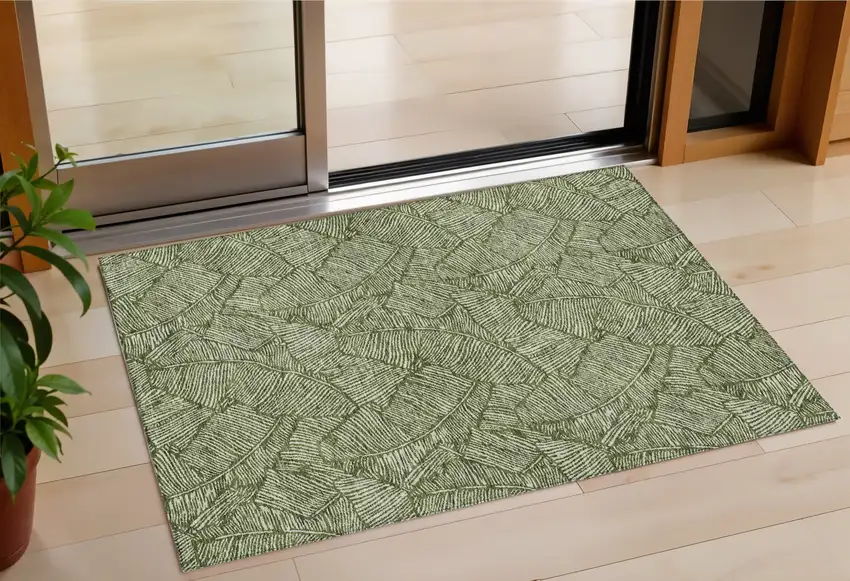 Olive Green And Light Green Floral Washable Indoor Outdoor Area Rug Photo 1
