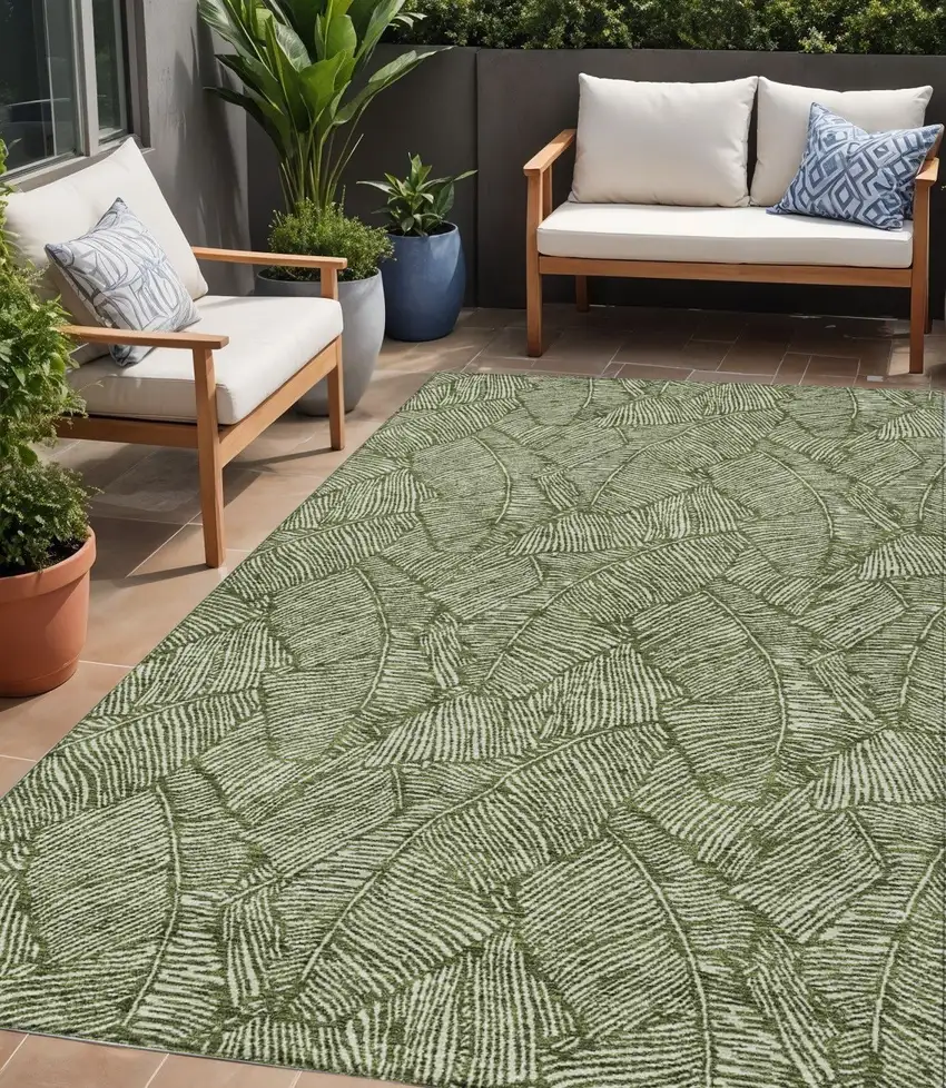 Olive Green And Light Green Floral Washable Indoor Outdoor Area Rug Photo 1