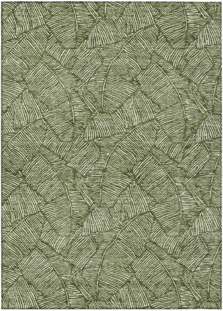 Olive Green And Light Green Floral Washable Indoor Outdoor Area Rug Photo 2