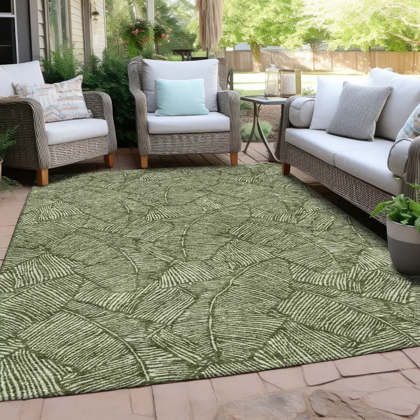 Olive Green And Light Green Floral Washable Indoor Outdoor Area Rug Photo 8