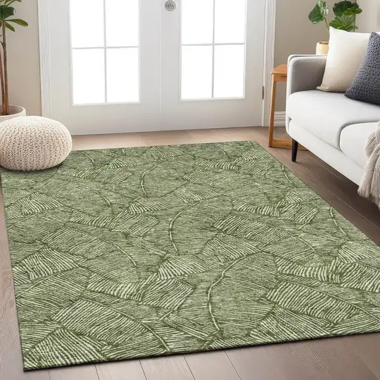 Olive Green And Light Green Floral Washable Indoor Outdoor Area Rug Photo 8
