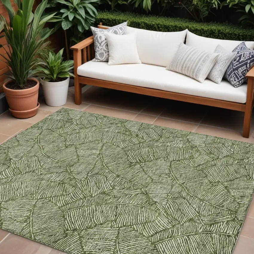 Olive Green And Light Green Floral Washable Indoor Outdoor Area Rug Photo 1